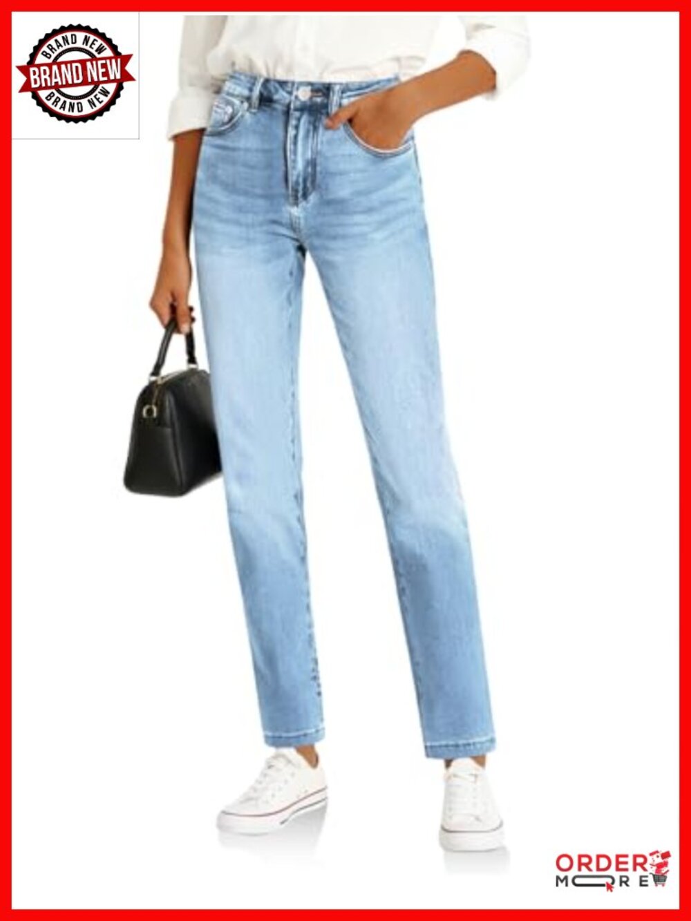 Straight Leg Jeans High Waisted Mid Rise Stretchy Denim Pants Tapered Petite